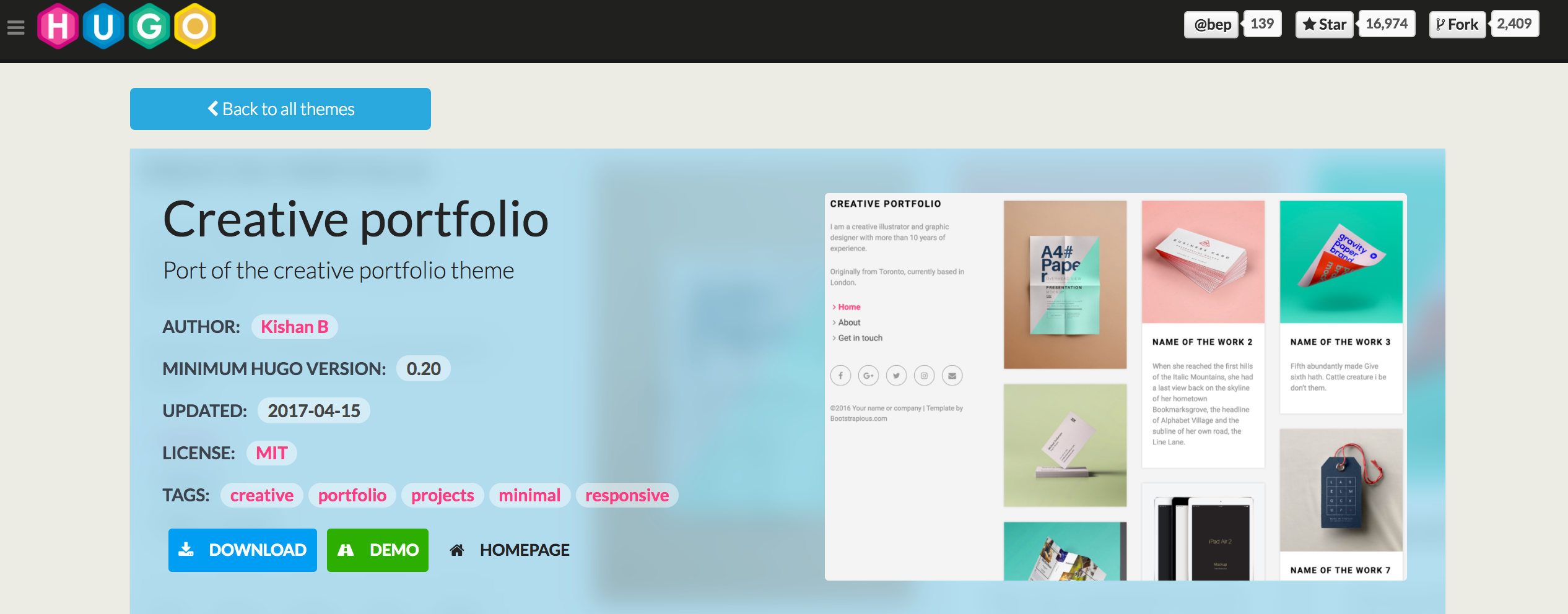 a screenshot of the hugo creative portfolio theme page on hugo's website